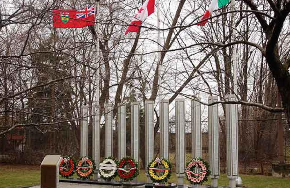 An outdoor memorial exhibit honouring Italian Fallen Workers, on the Villa Charities campus.